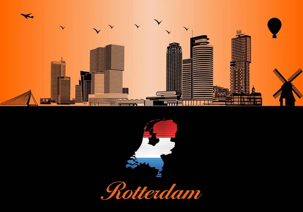 Rotterdam City Skyline Silueti Illüstrasyon Turuncu Arka Plan Hollanda Haritası — Stok Vektör