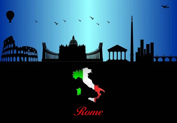 Silhouette Der Skyline Von Rom Illustration Stadt Blauen Hintergrund Landkarte — Stockvektor