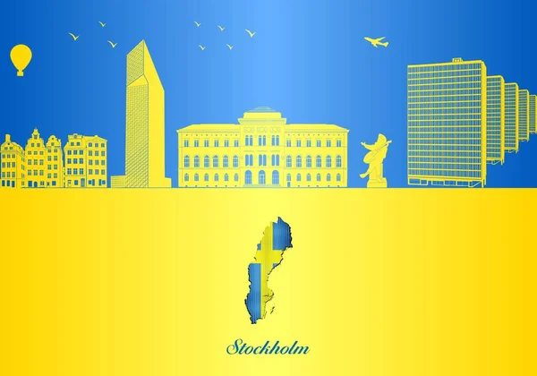 Sztokholm Ilustracja Miasto Żółtym Tle Mapa Szwecji — Wektor stockowy