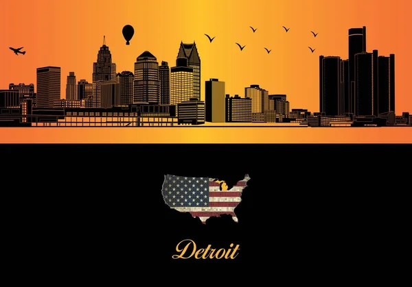 Detroit Skyline Silhouette Illustration Town Orange Background Map Usa — Wektor stockowy