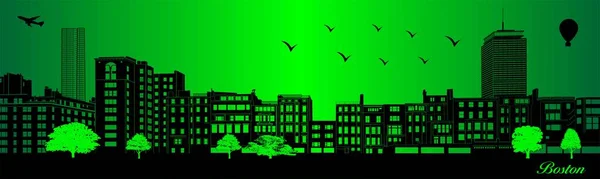 Boston City Skyline Silhouette Illustration Town Green Background Boston Massachusetts — Wektor stockowy