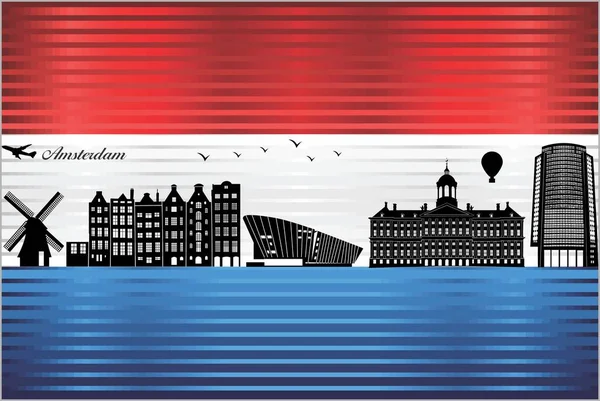 オランダの国旗が描かれたアムステルダム市のスカイライン イラスト オランダのシャイニー グランジの旗 — ストックベクタ