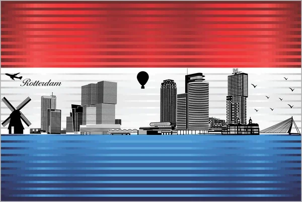 Rotterdam City Skyline Flag Netherlands Background Εικονογράφηση Λαμπερή Σημαία Grunge — Διανυσματικό Αρχείο