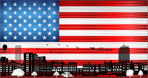 Ciudad Boston Horizonte Con Bandera Fondo Ilustración Brillante Bandera Grunge — Archivo Imágenes Vectoriales