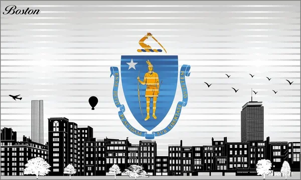 Бостон Фоне Неба Флагом Массачусетса Иллюстрация Сияющий Гранж Флаг Массачусетса — стоковый вектор