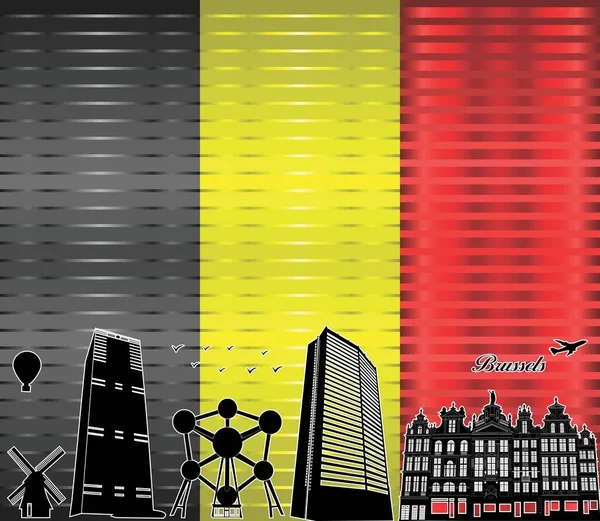 Bruksela Panorama Miasta Flagą Belgii Tle Ilustracja Błyszcząca Flaga Grunge — Wektor stockowy