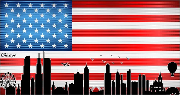 Chicago Miasto Panorama Flagą Usa Tle Ilustracja Shiny Grunge Flaga — Wektor stockowy