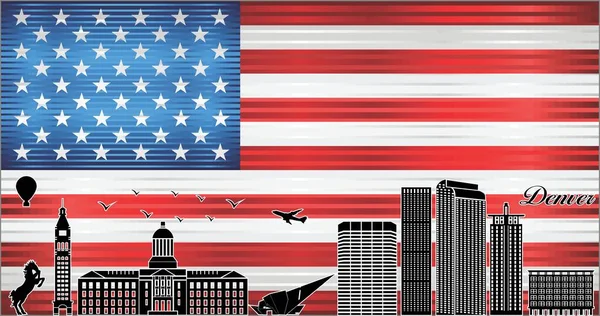 Denver Miasto Panorama Flagą Usa Tle Ilustracja Shiny Grunge Flaga — Wektor stockowy