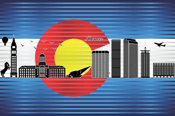 Miasto Denver Panorama Flagą Kolorado Tle Ilustracja Błyszcząca Flaga Grunge — Wektor stockowy