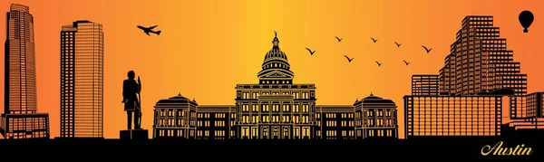 Austin Miasto Panorama Sylwetka Ilustracja Miasto Pomarańczowym Tle — Wektor stockowy