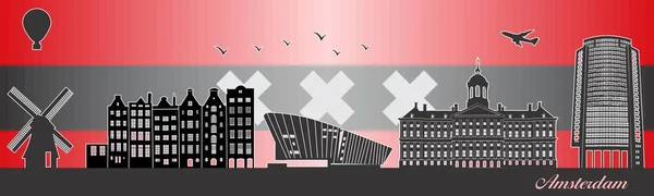 Amsterdam City Skyline Silhouette Illustration Town Flag Amsterdam Background — Wektor stockowy