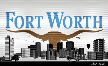 The Fort Worth city skyline with flag background - illustration, Shiny Grunge flag of the Fort Worth