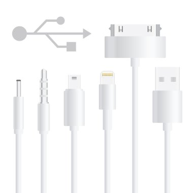 Usb kablo izole beyaz zemin üzerine kümesi