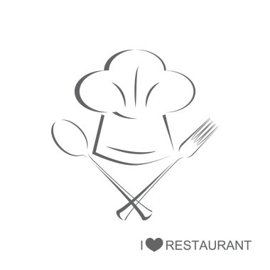 Restoran 2, kaşık ve çatal ile Chef şapka izole beyaz zemin üzerine
