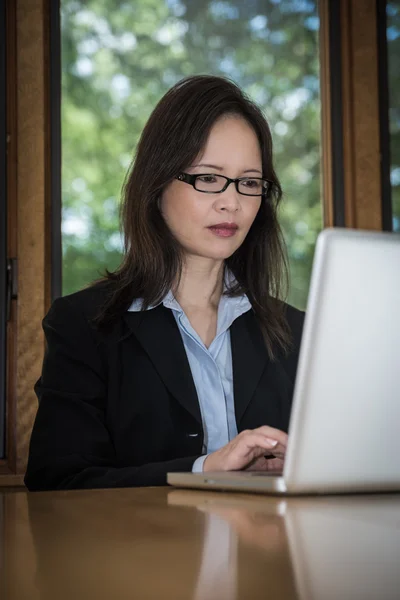 Woman with laptop on desk — Stock Photo, Image