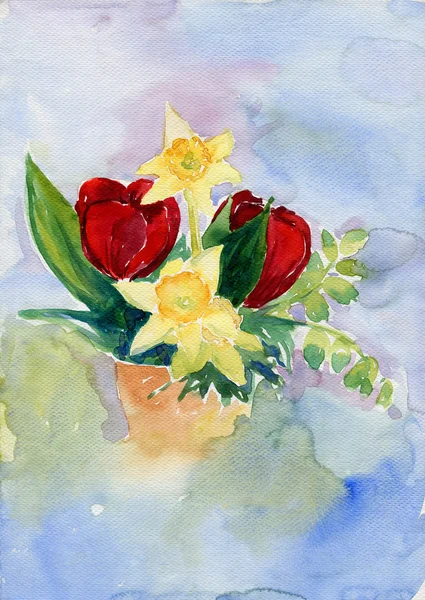 Watercolor bouquet with narcissuses and tulips — Stock Photo, Image