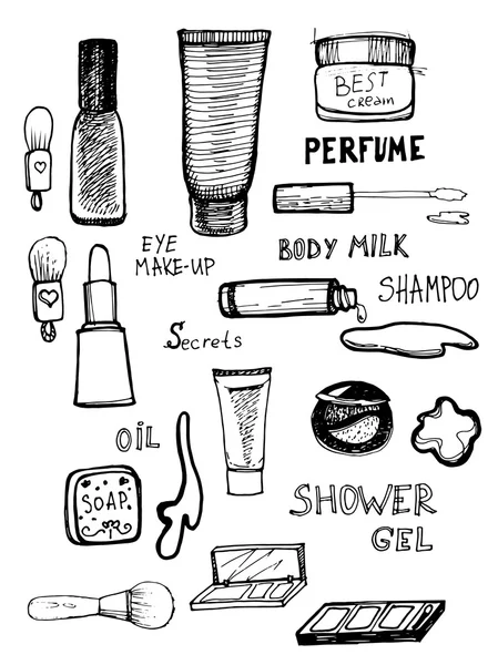 Ręcznie rysowane kosmetyki. zestaw makijaż — Wektor stockowy