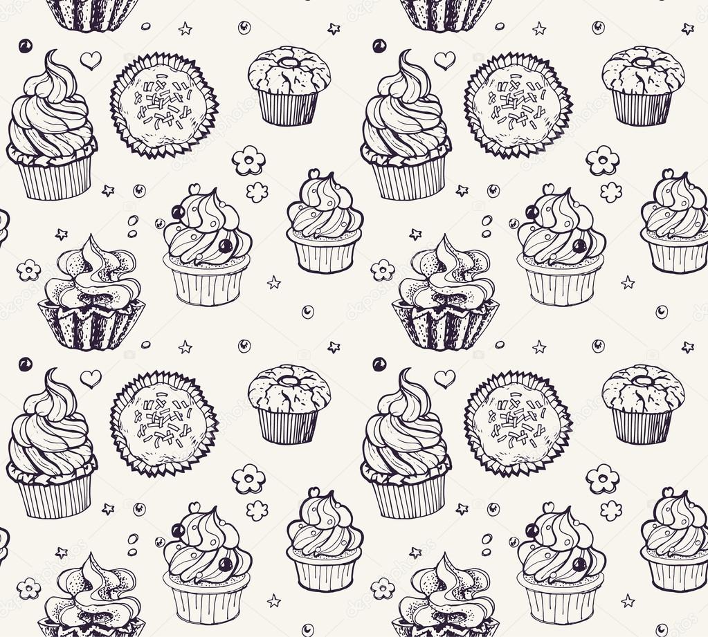 Tasty hand drawn seamless cupcake pattern