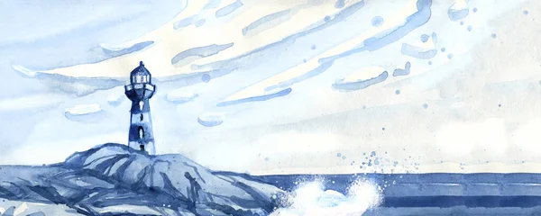 Indigo Colored Seascape Painting Lighthouse Shore Crashing Waves Hand Drawn — 图库照片