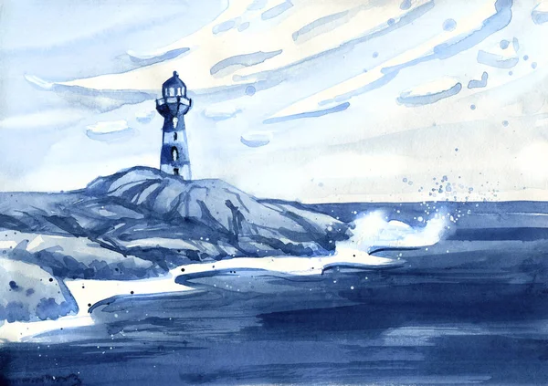 Indigo Colored Seascape Painting Lighthouse Shore Crashing Waves Hand Drawn — Stock Photo, Image