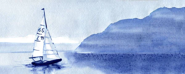 Indigo Colored Tranquil Seascape White Sailboat Calm Ocean Distant Shoreline — Photo