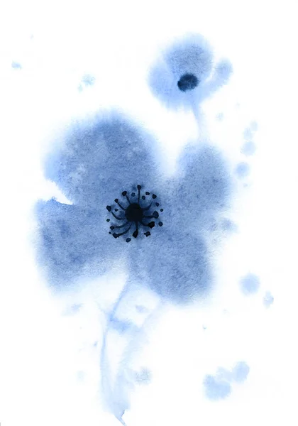 Indigo Colored Abstract Blue Poppy Flower Shapes Hand Drawn Watercolor — Stockfoto