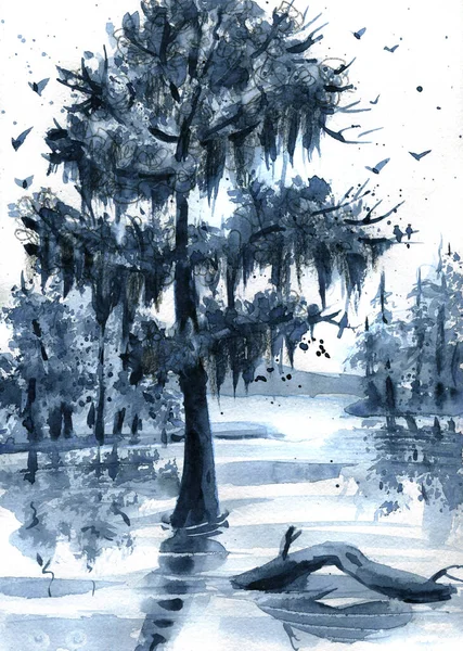 蓝宝石色的航海画 带有蓝宝石色的沼泽 柏树和西班牙苔藓 手绘水彩画 — 图库照片