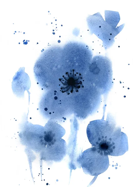 Indigo Colored Abstract Blue Poppy Flower Shapes Hand Drawn Watercolor — 图库照片