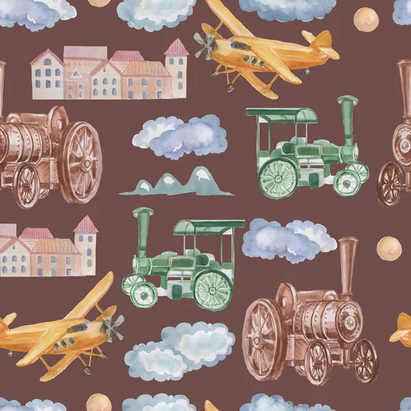 Eski model nakliye araçları buharlı lokomotif uçak şehir seyahati suluboya el çizimi kusursuz desenli tekstil arka plan çocuksu tatlı