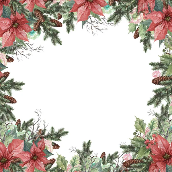 christmas holidays garland flowers poincetia berries spruce branches new year watercolor childish cute hand-drawn. patern seamless set frame composition