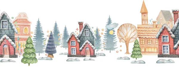Yeni yıl tatili için küçük evler, babasız suluboya ağaçlar elle çizilmiş. Tatil kar baskısı tekstil şirin çocuk masalı