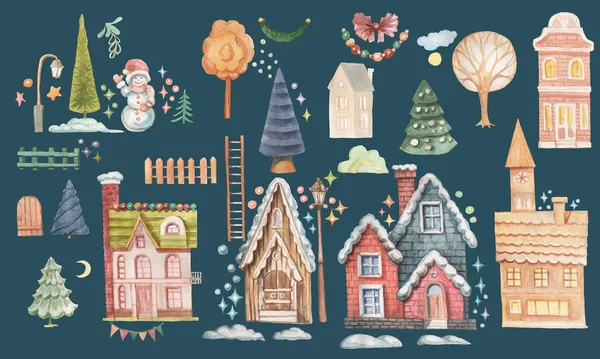 Маленькі Будинки Різдвяні Сільські Канікули Новорічні Зимові Дерева Аквареллю Намальовані — стокове фото