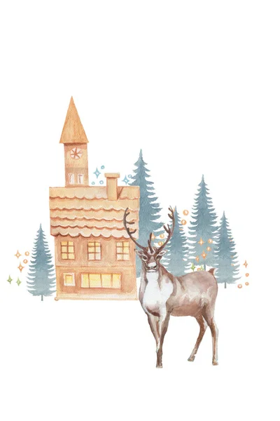 Deer Animals North Christmas New Year Houses Watercolor Hand Drawn — Stock Photo, Image