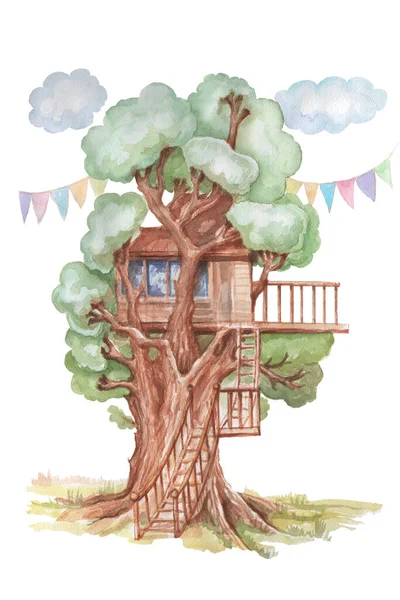 Treehouse Erdő Természet Akvarell Illusztráció Kézzel Rajzolt Patern Zökkenőmentes Felhők — Stock Fotó