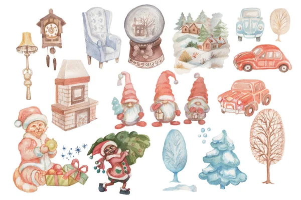 Zimowe Samochody Boże Narodzenie Nowy Rok Akwarela Ilustracja Ręcznie Rysowane — Zdjęcie stockowe
