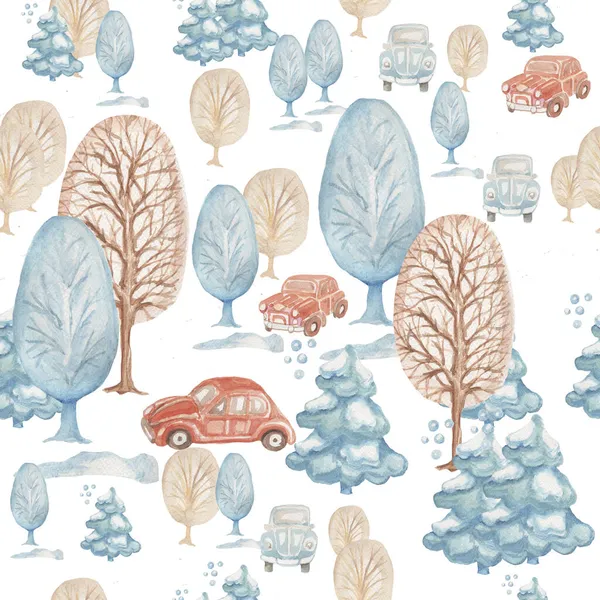 Kış ağaçları babasız araba ağaçları orman yeni yıl suluboya çizim el seti