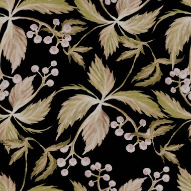 Böğürtlen bırakır sonbahar üzümleri Rowan meşe palamudu suluboya çizim el çizimi babasız baskı tekstil 