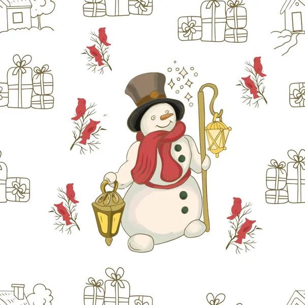 Bałwan Nowy Rok Boże Narodzenie Grafika Ręcznie Rysowane Ilustracji Cute — Wektor stockowy