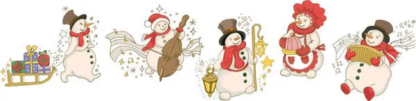 Muñeco Nieve Año Nuevo Navidad Ilustración Gráfica Dibujada Mano Lindo — Vector de stock