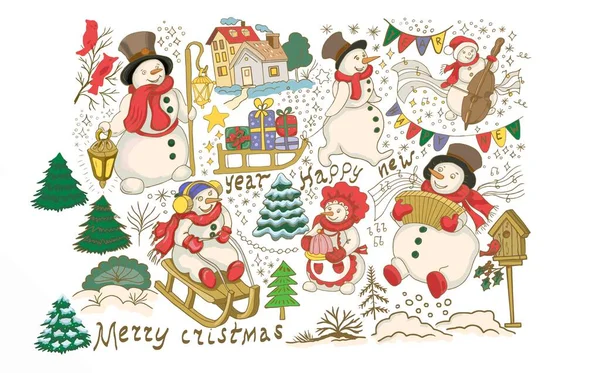 Bałwan Nowy Rok Boże Narodzenie Grafika Ręcznie Rysowane Ilustracji Cute — Wektor stockowy
