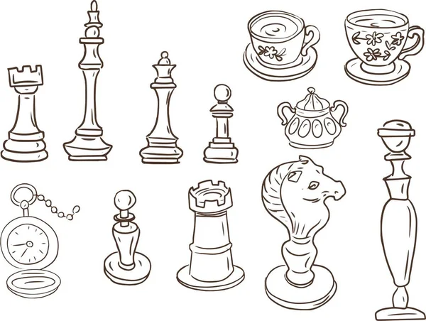 Chess Doodle Croquis Ligne Graphiques Vecteur Main Dessinés Tournois Jeux — Image vectorielle