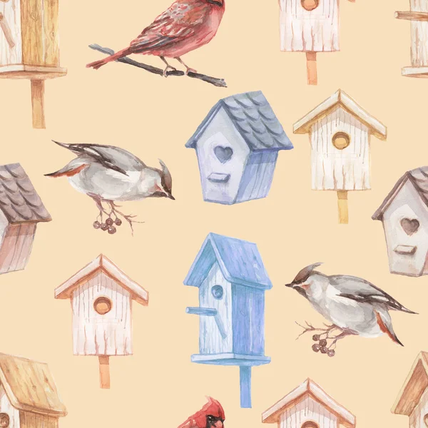 Kuş Evleri Ahşap Kuşlar Orman Kırmızı Kardinal Sviestel Babasız Yapımı — Stok fotoğraf