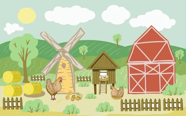 Деревенская Ферма Куриные Яйца Курятина Курятник Плоский Иллюстрации Векторный Ручной — стоковый вектор