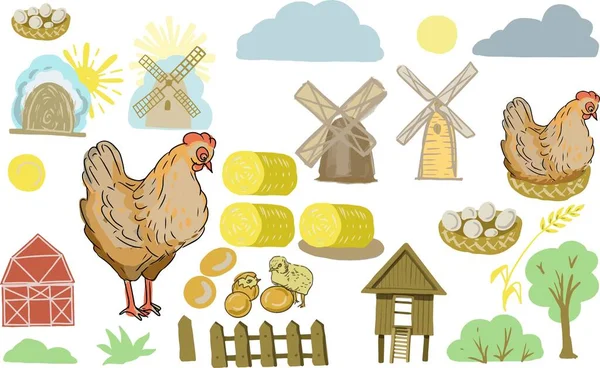 Farm Village Chicken Eggs Chicken Coop Flat Illustration Vector Hand — Stock Vector