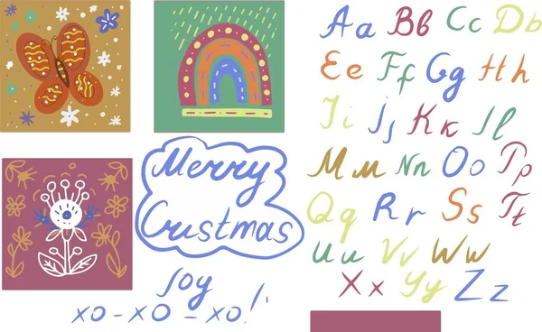 English Alphabet Handwritten Colored Squares Pictures Calendar Sketch Doodle Flower — Vetor de Stock
