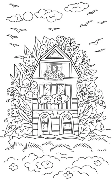 House Coloring Children Sketch Doodle Vector Illustration Hand Drawn Forest — Vetor de Stock