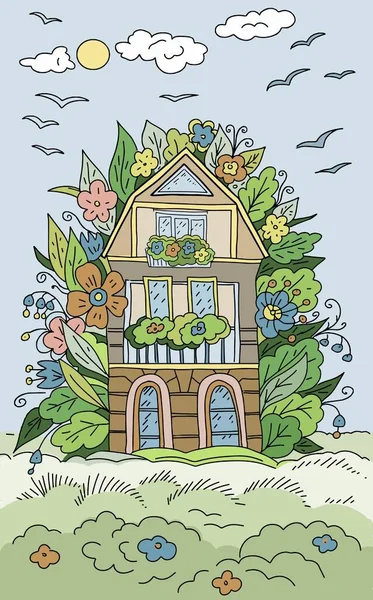 子供のスケッチの落書きベクトルイラストの手を描いた家の着色 森の花の牧草地は雲や鳥を空に残しかわいい漫画 — ストックベクタ