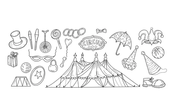 Circus Αρένα Doodle Σκίτσο Γραφικά Στοιχεία Χέρι Που Κλόουν Καπέλο — Διανυσματικό Αρχείο