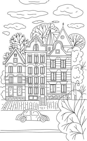 Casas Amsterdam Para Colorear Bosquejo Calle Árboles Ciudad Coche Nubes — Vector de stock