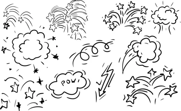 Fireworks Boom Explosion Cloud Sparks Stars Sketch Doodle Black Lines — Stock Vector